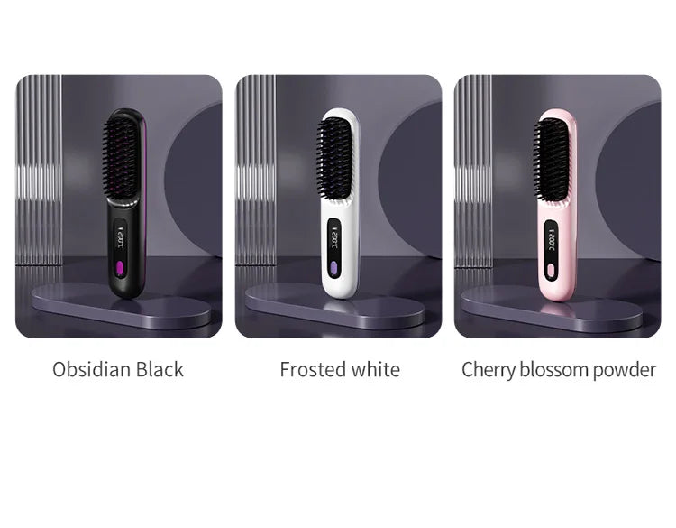 Convenient Mini Cordless Hair Straightener Brush with 3 Setting LED Temperature Display Electric Negative Ions Ceramic Hot Comb