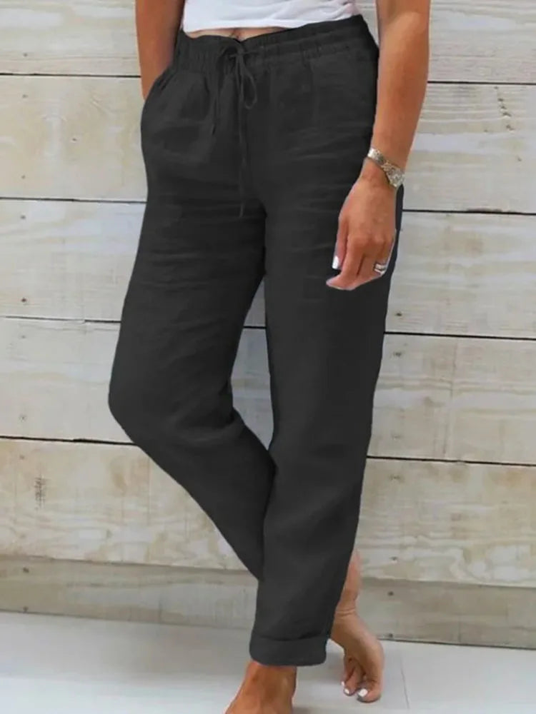 2025 Cotton Linen Summer Pants Women High Waist Elastic Casual Trousers Fashion Streetwear Breathable Female Loose Pencil Pants