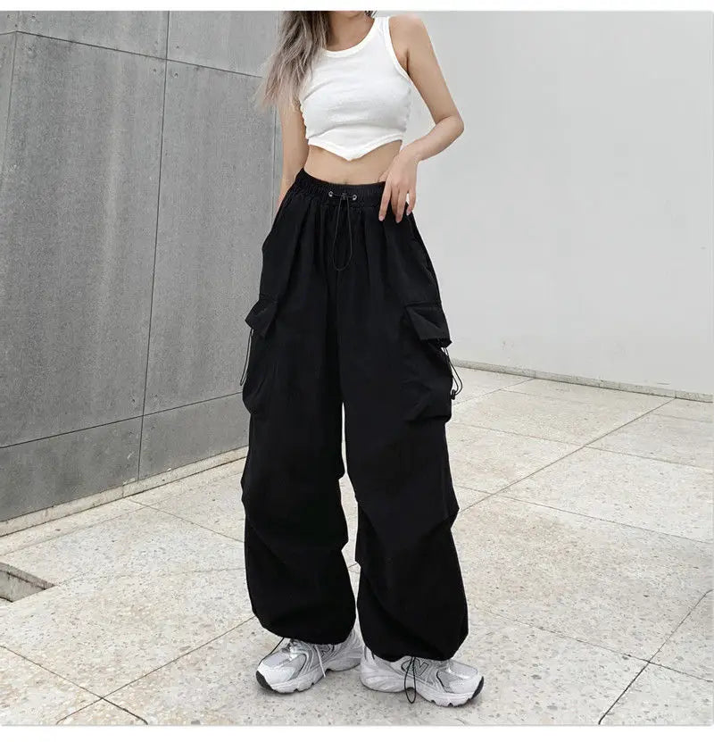 2025 Women Casual Joggers Tech Pants Solid Low Waist Pants Drawstring Wide Leg Baggy Trousers Y2k Streetwear Oversize Sweatpants