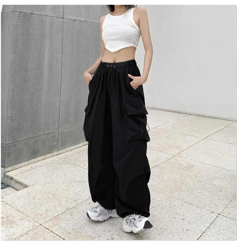 2025 Women Casual Joggers Tech Pants Solid Low Waist Pants Drawstring Wide Leg Baggy Trousers Y2k Streetwear Oversize Sweatpants
