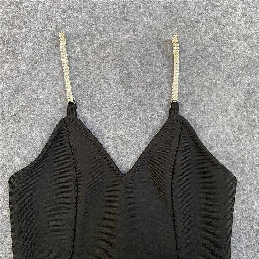 2023 Autumn Sexy V-Neck Tank Side Slit Fringed Diamond Slims Your Smooth Silhouette Drawstring Dress Name Concentrates Gown