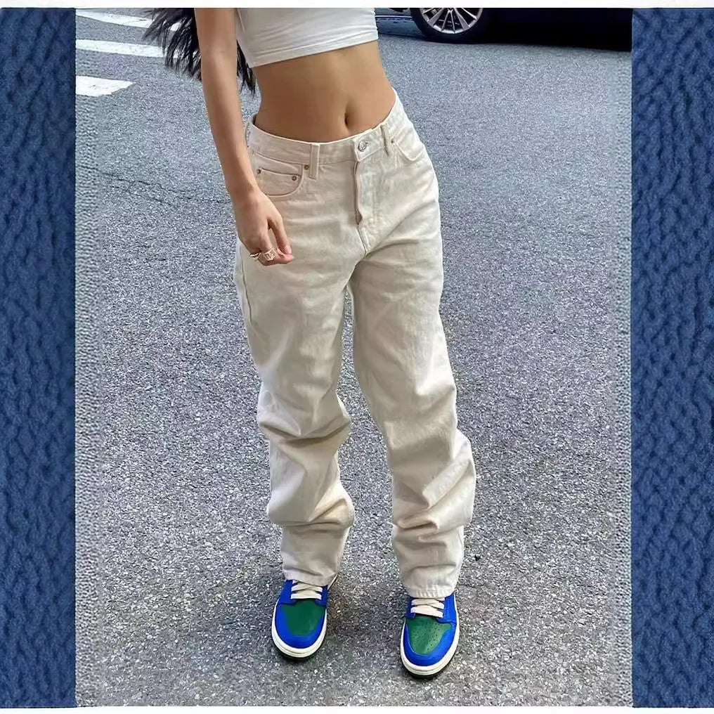 Full Length Women Jeans Solid Distressed Denim Straight Pants Pockets Loose Casual Mid Waist Basics Zipper Fly Flat Washing