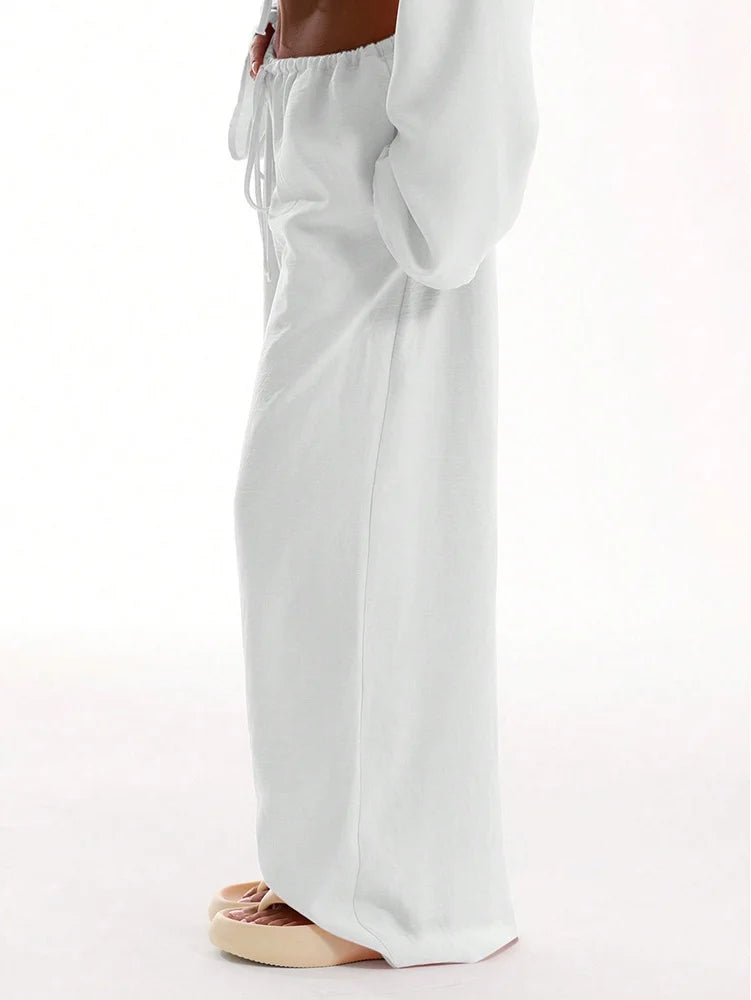 2025 New Spring Summer Wide Leg Pants Fashion Women Black Solid Loose Drawstring Baggy Pant Casual Pocket High Waist Trousers
