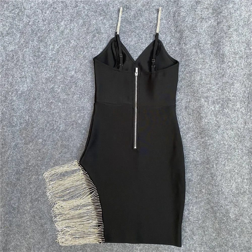 2023 Autumn Sexy V-Neck Tank Side Slit Fringed Diamond Slims Your Smooth Silhouette Drawstring Dress Name Concentrates Gown
