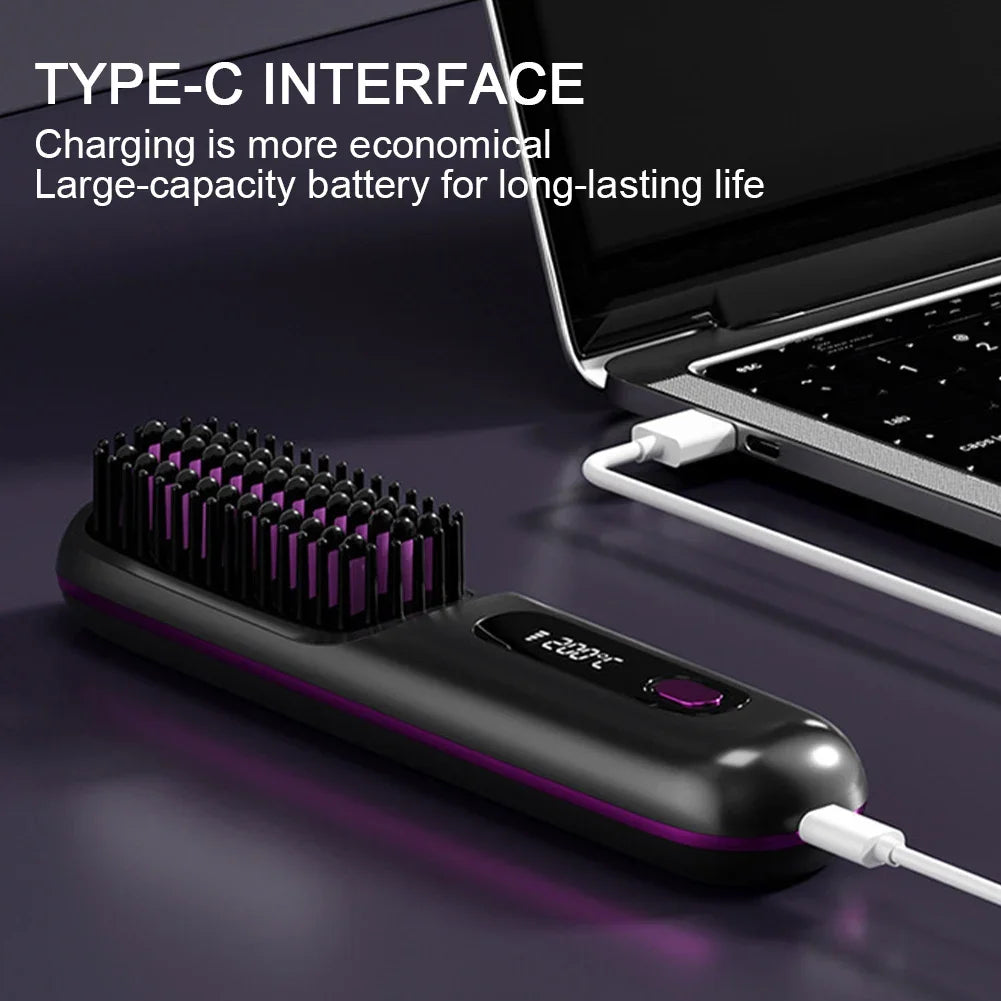 Electric LCD USB Ceramic Heating Straight Hair Comb Wireless Portable Negative Ion Styling Tool Rechargeable Straightening Brush