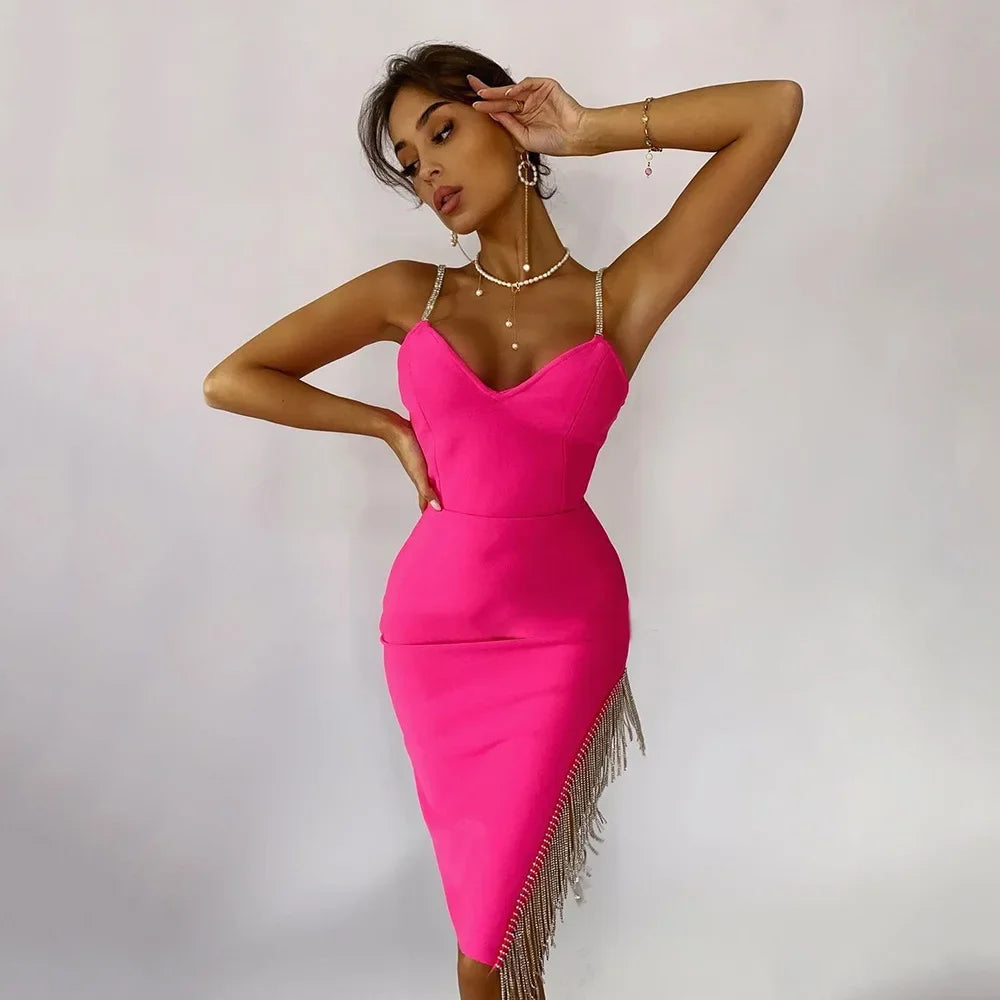 2023 Autumn Sexy V-Neck Tank Side Slit Fringed Diamond Slims Your Smooth Silhouette Drawstring Dress Name Concentrates Gown