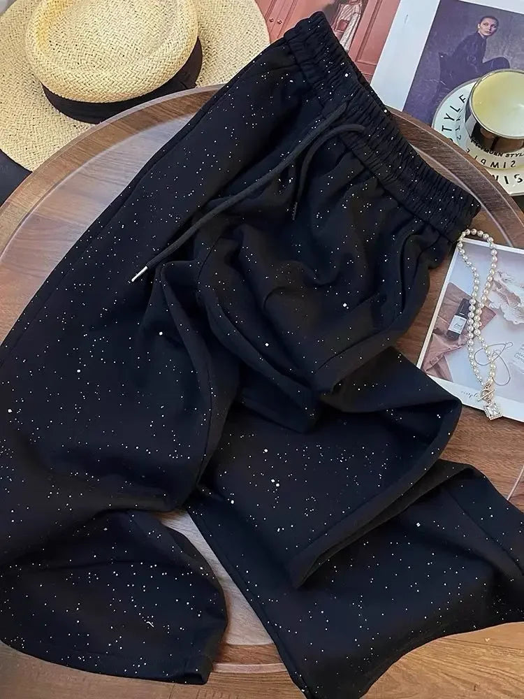 Shiny Star Ice Silk Wide Leg Pants Women Summer New High Waist Straight Casual Sports Long Trousers Children