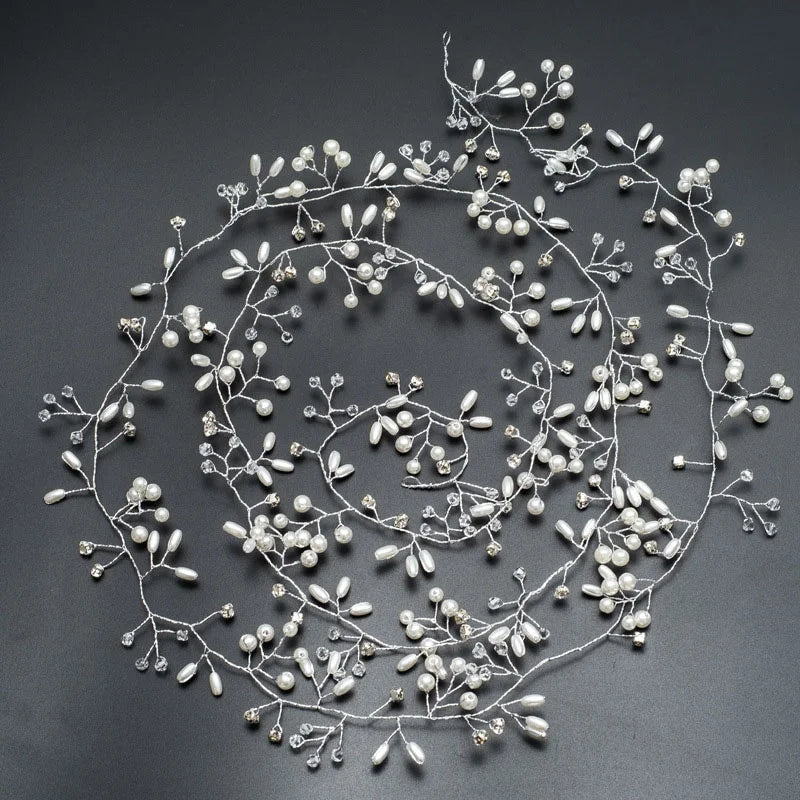 35/50cm Long Bridal Handmade Crystal Pearl Hair Band Headdress Wedding Hair Accessories Beads Headband Jewelry Fashion Headdress
