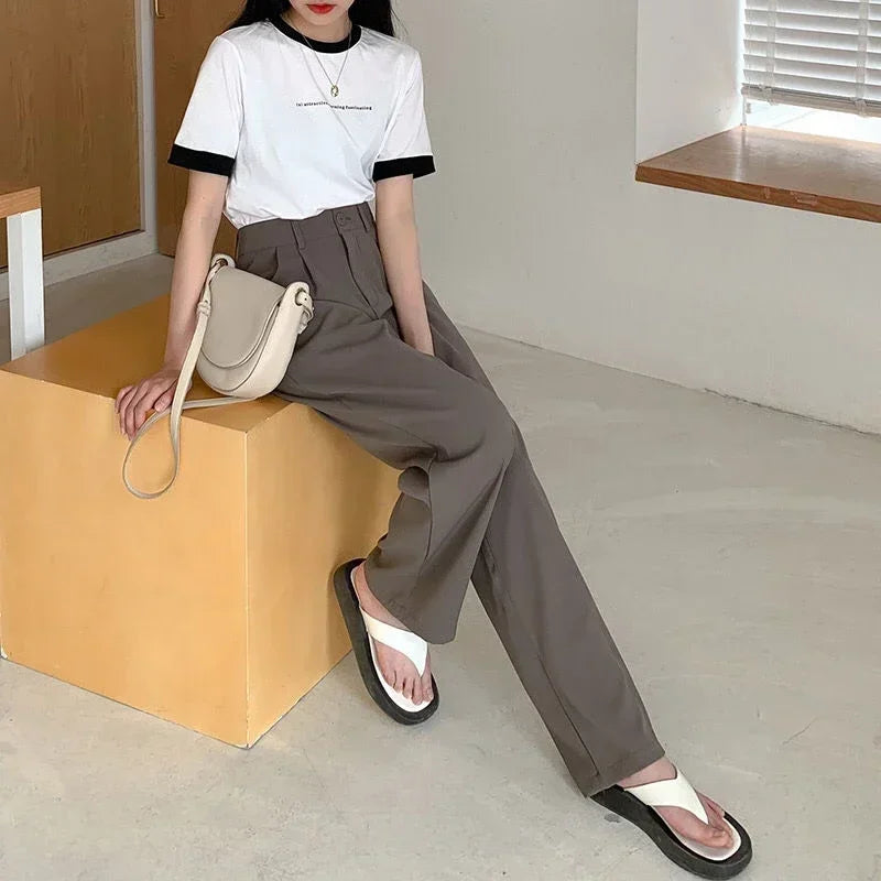 Women Solid High Waist Suit Pants Fall Straight Fashion Trousers Casual Button Loose Office Ladies Korean Female Pant New