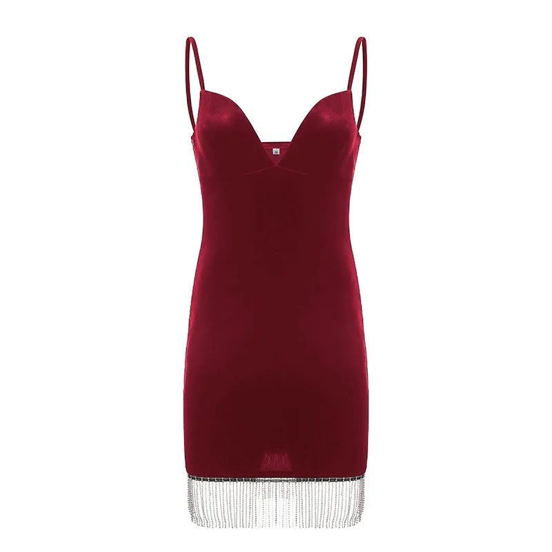 Summer Women's Backless Dinner Feeling Low Cut V-neck Velvet Tassel Suspended Dress With Waist Wrap To Show Thin Dress