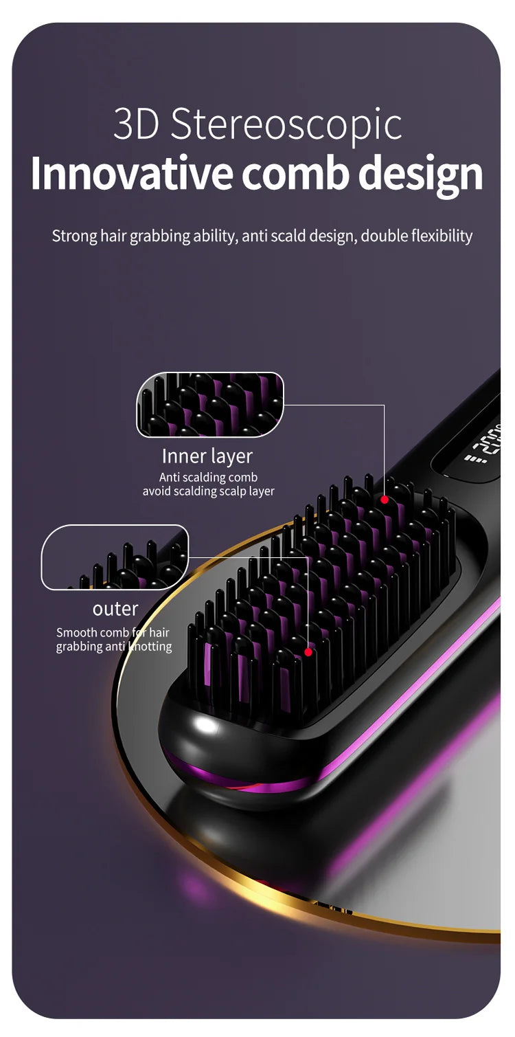 Convenient Mini Cordless Hair Straightener Brush with 3 Setting LED Temperature Display Electric Negative Ions Ceramic Hot Comb