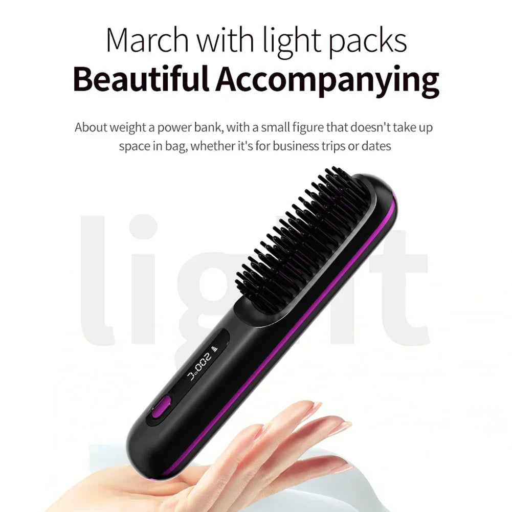 Convenient Mini Cordless Hair Straightener Brush with 3 Setting LED Temperature Display Electric Negative Ions Ceramic Hot Comb