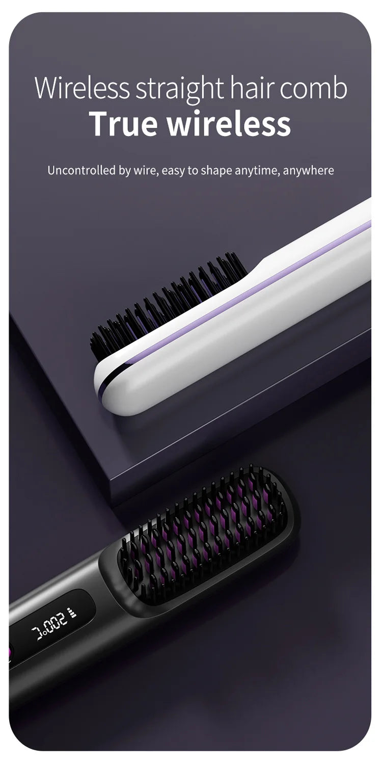 Convenient Mini Cordless Hair Straightener Brush with 3 Setting LED Temperature Display Electric Negative Ions Ceramic Hot Comb