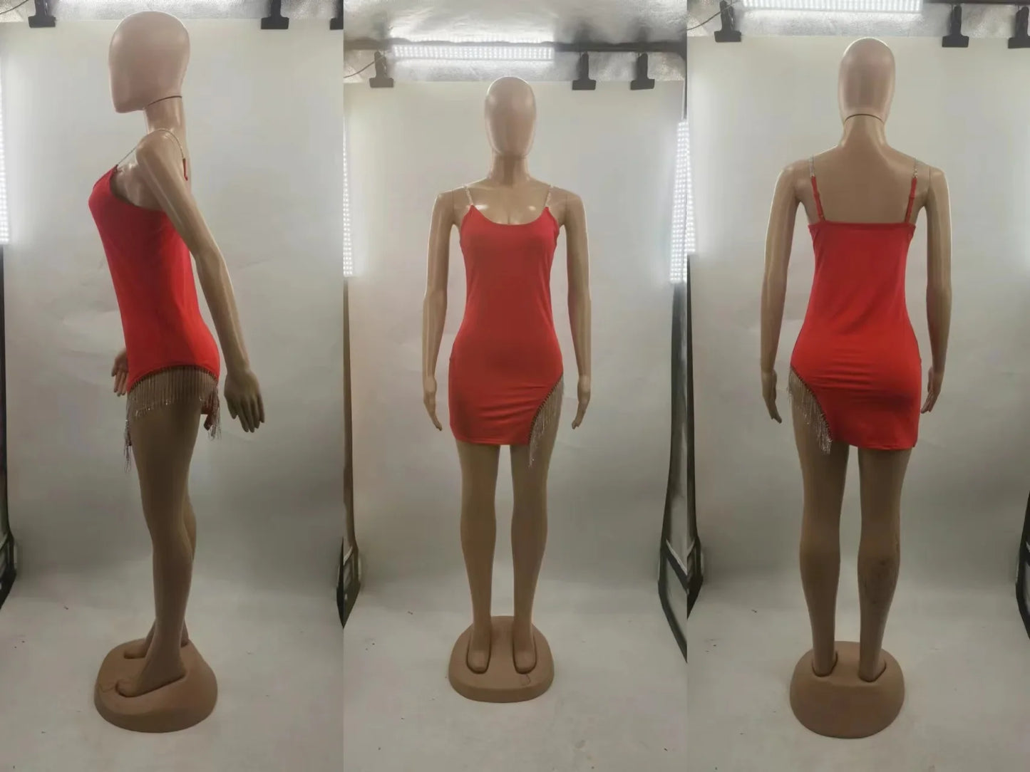 Casual Women's Mini Skirt Diamond Trim Dress Pure Color Beaded Halter Bodycon Short Skirt Sexy Nightclub Style Mini Dress