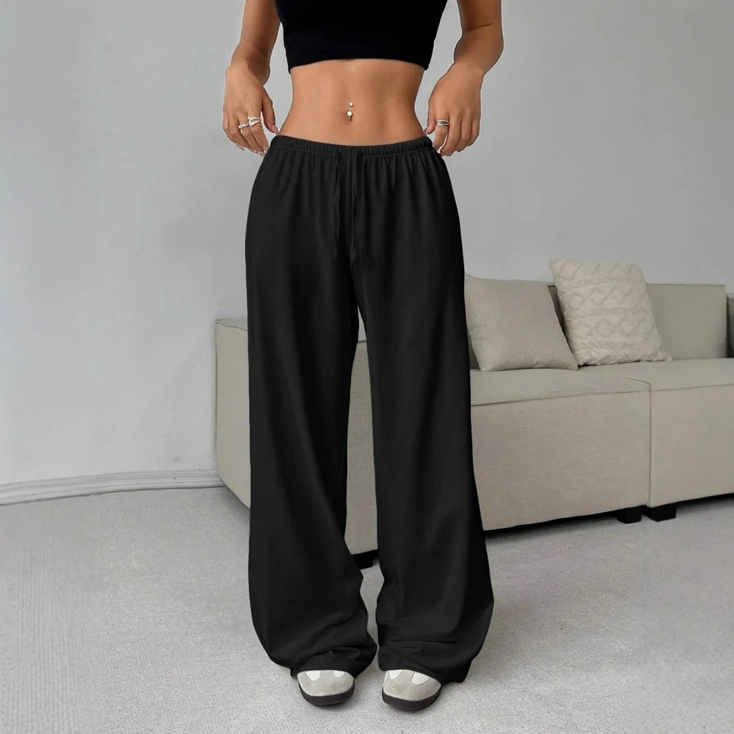 Elegant Solid High Waist Baggy Pants Fashion Women Loose Drawstring Pocket Wide Leg Pants Casual Sweatpant Streetwear Trousers