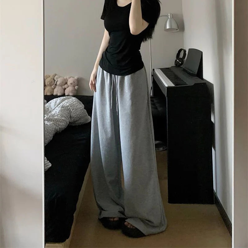 R2024 Harajuku Wide Leg Sweatpants for Women Elastic Waist Casual Sport Pants Woman Streetwear Gray Oversize Sportswear Female