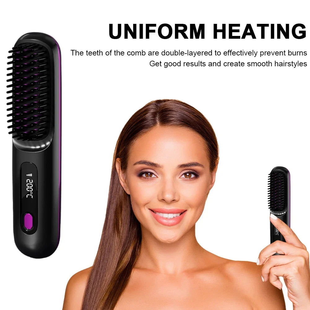 Electric LCD USB Ceramic Heating Straight Hair Comb Wireless Portable Negative Ion Styling Tool Rechargeable Straightening Brush