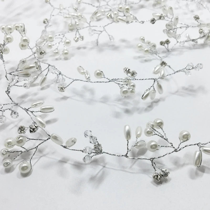 35/50cm Long Bridal Handmade Crystal Pearl Hair Band Headdress Wedding Hair Accessories Beads Headband Jewelry Fashion Headdress