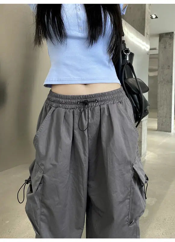 2025 Women Casual Joggers Tech Pants Solid Low Waist Pants Drawstring Wide Leg Baggy Trousers Y2k Streetwear Oversize Sweatpants