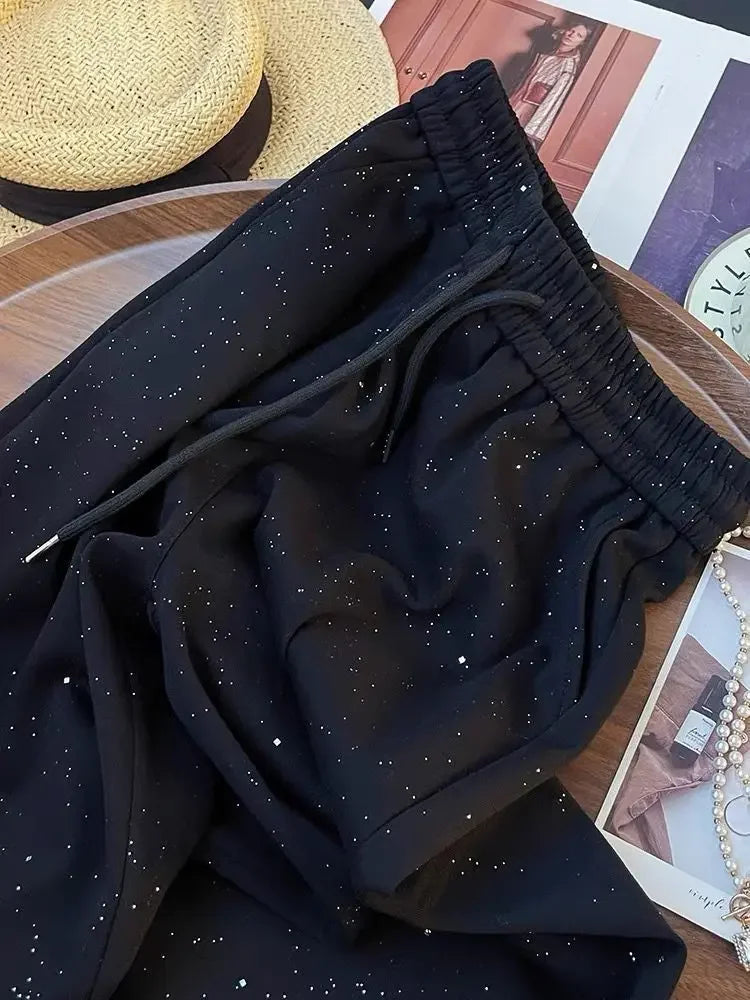 Shiny Star Ice Silk Wide Leg Pants Women Summer New High Waist Straight Casual Sports Long Trousers Children