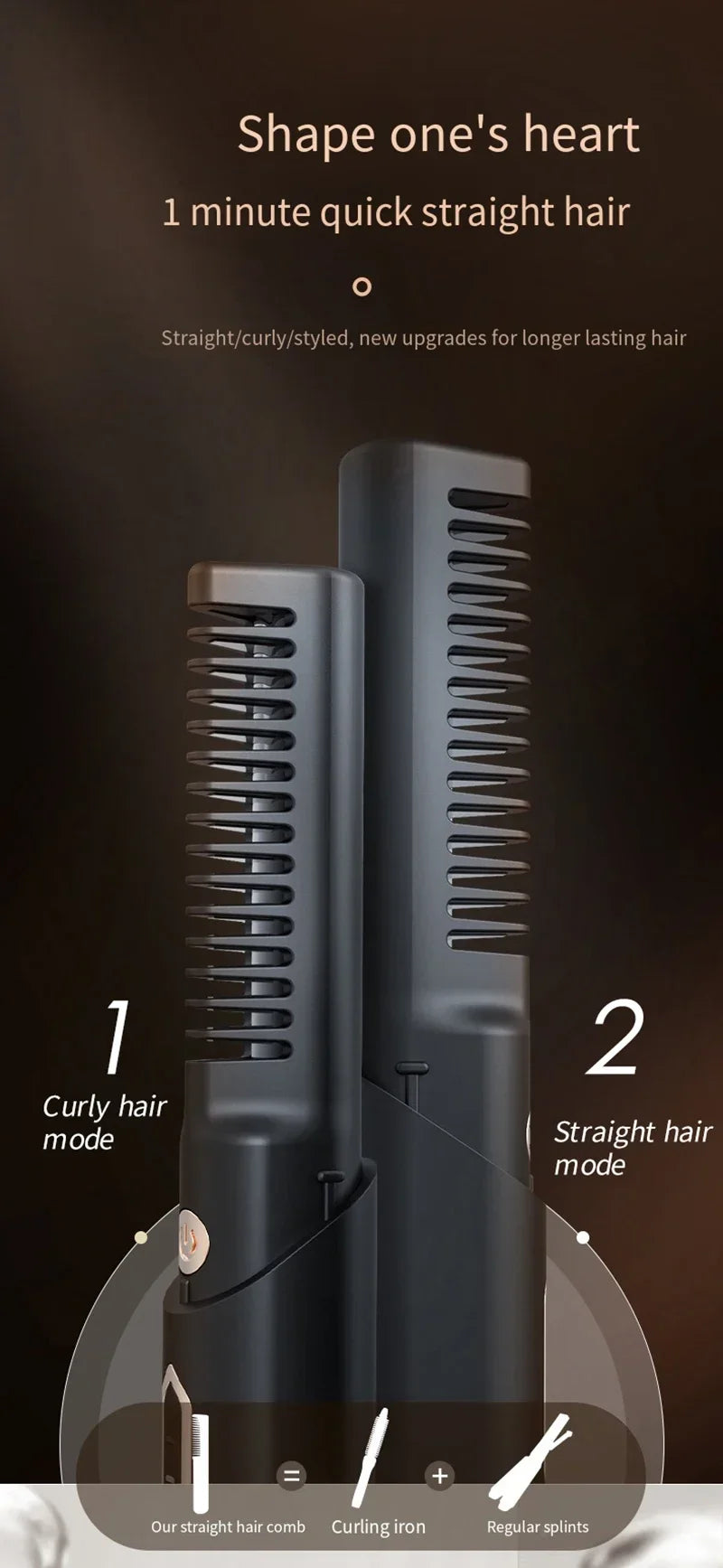 Portable Wireless Electric Hair Brush Heating Hair Straightener 2 IN 1 Home Travel Womem Anti-scalding Hair Straight Curly Comb