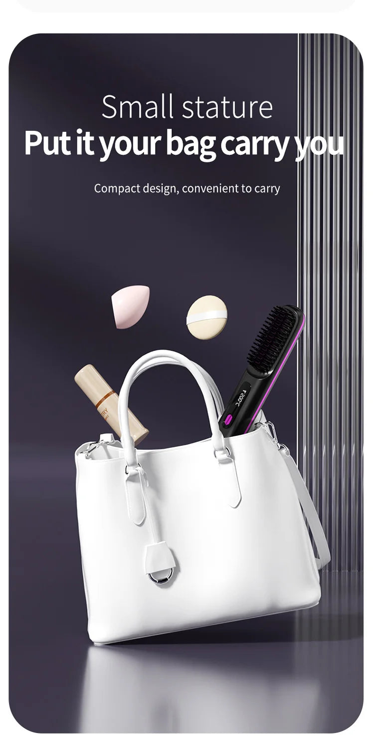 Convenient Mini Cordless Hair Straightener Brush with 3 Setting LED Temperature Display Electric Negative Ions Ceramic Hot Comb