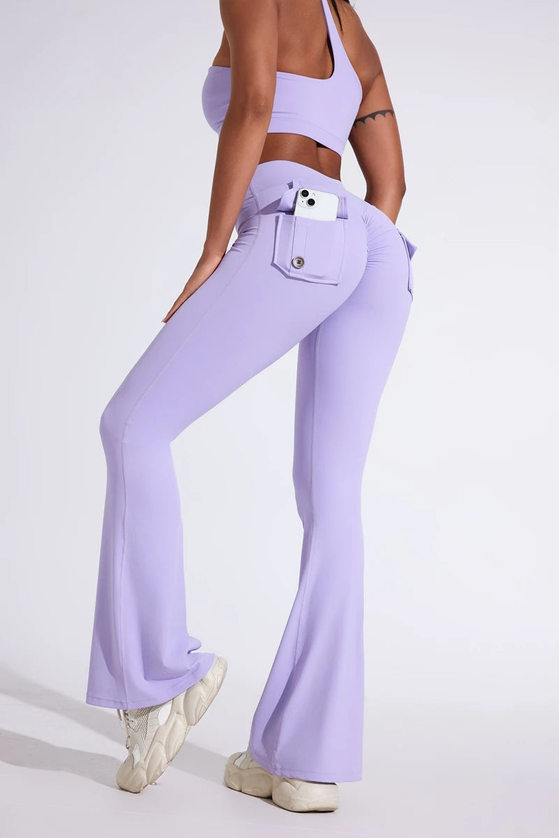 DIAS FIT JOY Women's pocket bell bottoms yoga high waisted hip lifting fitness pants quick drying running exercise fitness gym