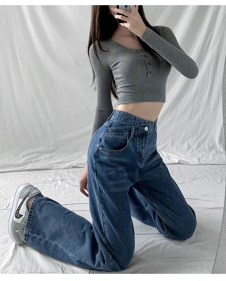 1970s Retro Crossbody High-waist Slimming Drag-on Straight-crotch Long Pants Women Summer Cotton Material