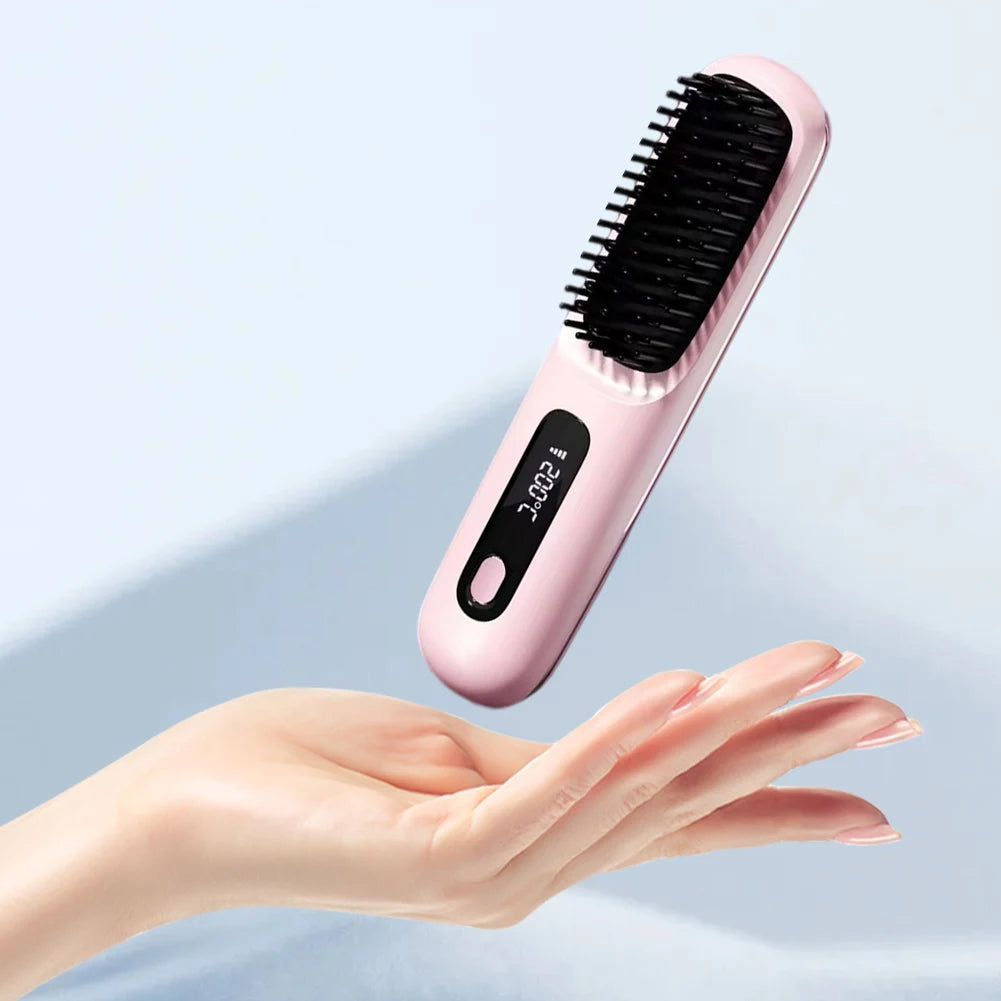Electric LCD USB Ceramic Heating Straight Hair Comb Wireless Portable Negative Ion Styling Tool Rechargeable Straightening Brush