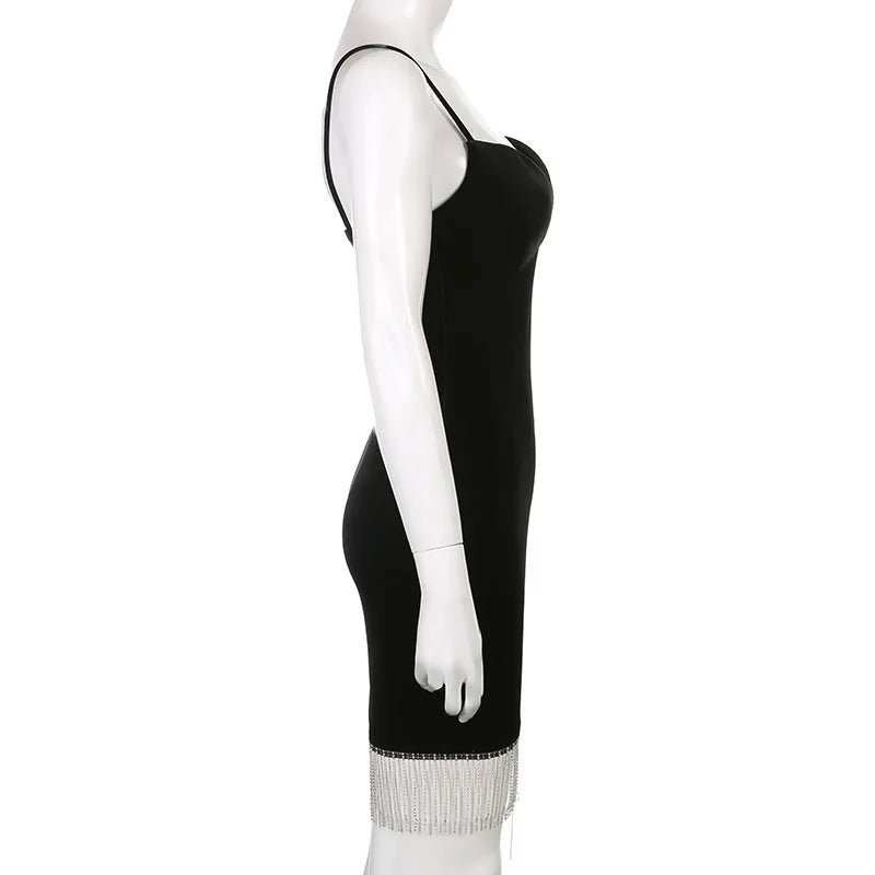 Summer Women's Backless Dinner Feeling Low Cut V-neck Velvet Tassel Suspended Dress With Waist Wrap To Show Thin Dress