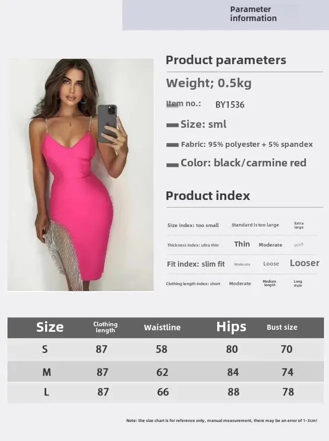 2023 Autumn Sexy V-Neck Tank Side Slit Fringed Diamond Slims Your Smooth Silhouette Drawstring Dress Name Concentrates Gown