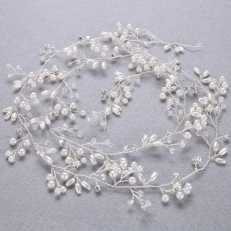 35/50cm Long Bridal Handmade Crystal Pearl Hair Band Headdress Wedding Hair Accessories Beads Headband Jewelry Fashion Headdress