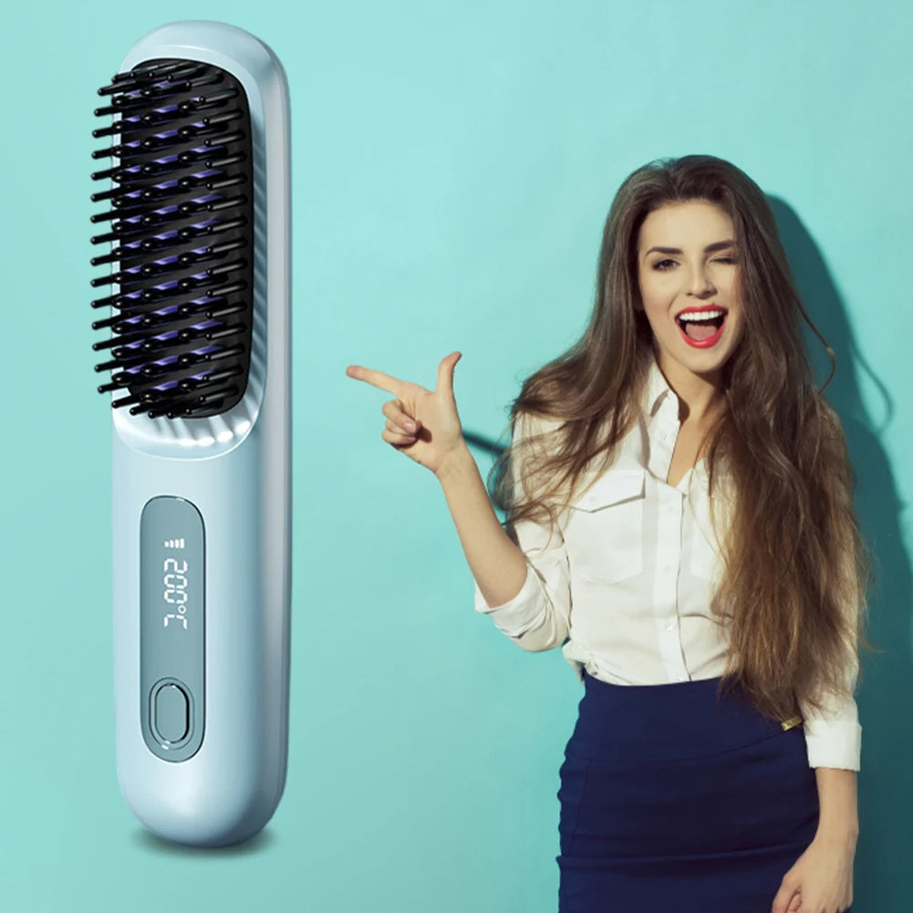Electric LCD USB Ceramic Heating Straight Hair Comb Wireless Portable Negative Ion Styling Tool Rechargeable Straightening Brush