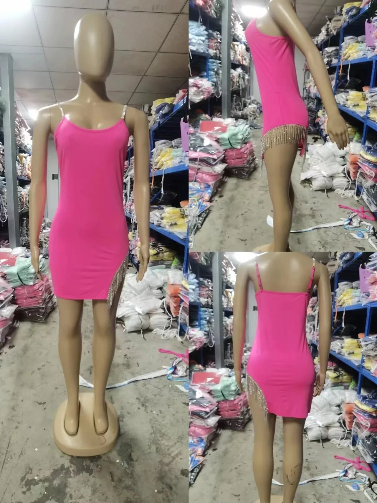 Casual Women's Mini Skirt Diamond Trim Dress Pure Color Beaded Halter Bodycon Short Skirt Sexy Nightclub Style Mini Dress