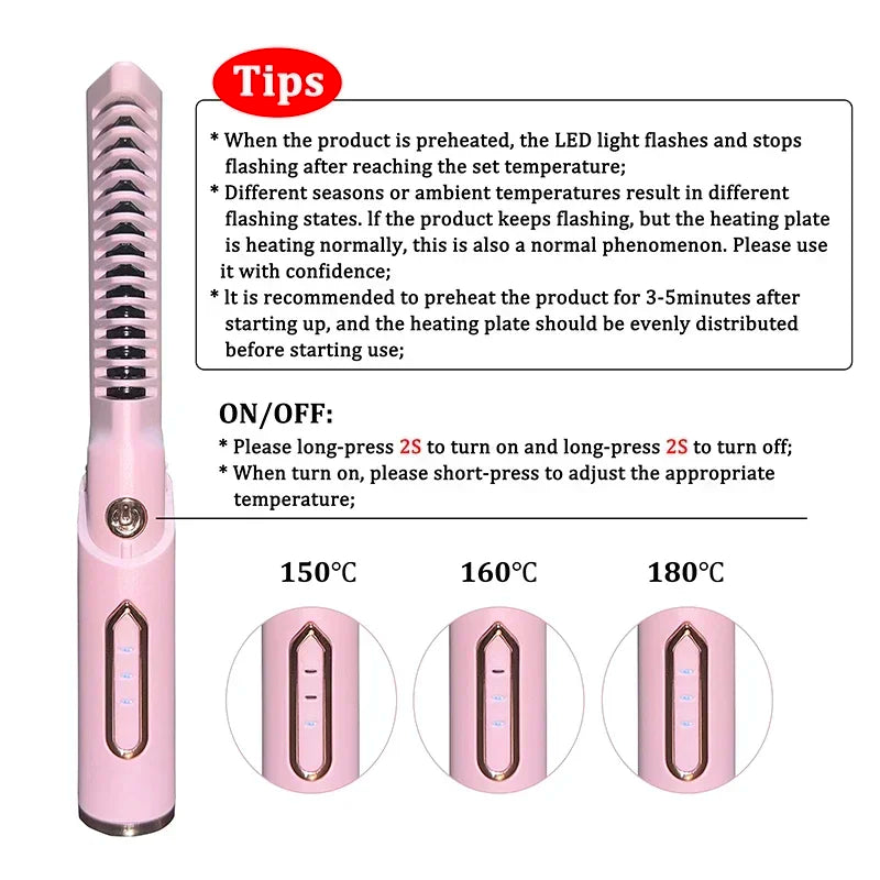 Portable Wireless Electric Hair Brush Heating Hair Straightener 2 IN 1 Home Travel Womem Anti-scalding Hair Straight Curly Comb