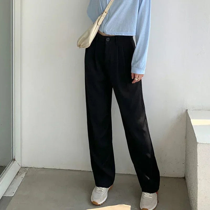 Women Solid High Waist Suit Pants Fall Straight Fashion Trousers Casual Button Loose Office Ladies Korean Female Pant New