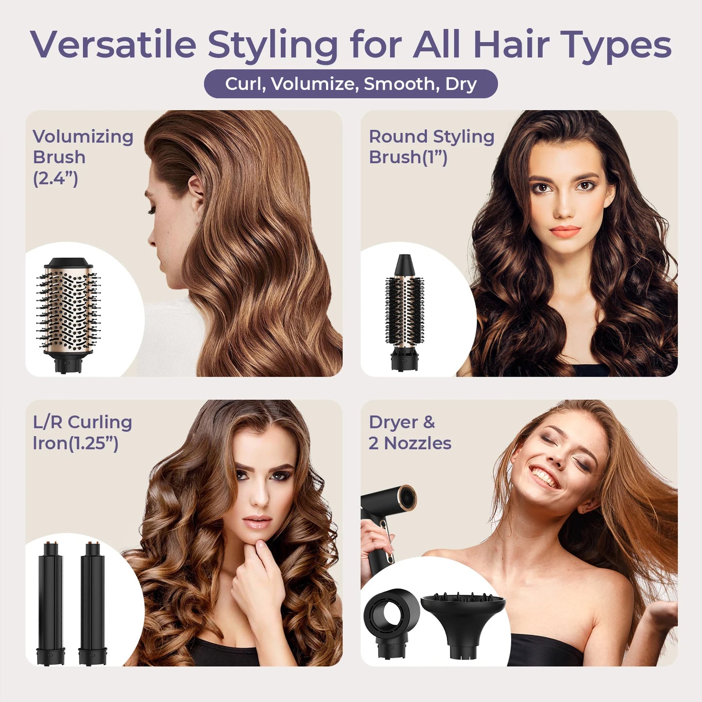 6-in-1 Multifunctional Hot Air Comb, Interchangeable Brush Head, Negative Ion Hair Dryer Brush and Styler, 110,000 Inorganic Electric Brush with High Speed, Frizzless Hot Air Quick Drying, Professional Air Styling Comb, Hair