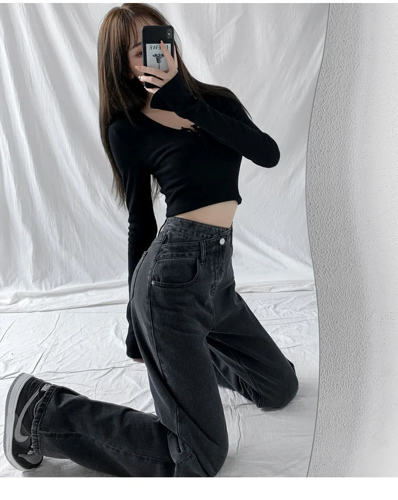 1970s Retro Crossbody High-waist Slimming Drag-on Straight-crotch Long Pants Women Summer Cotton Material