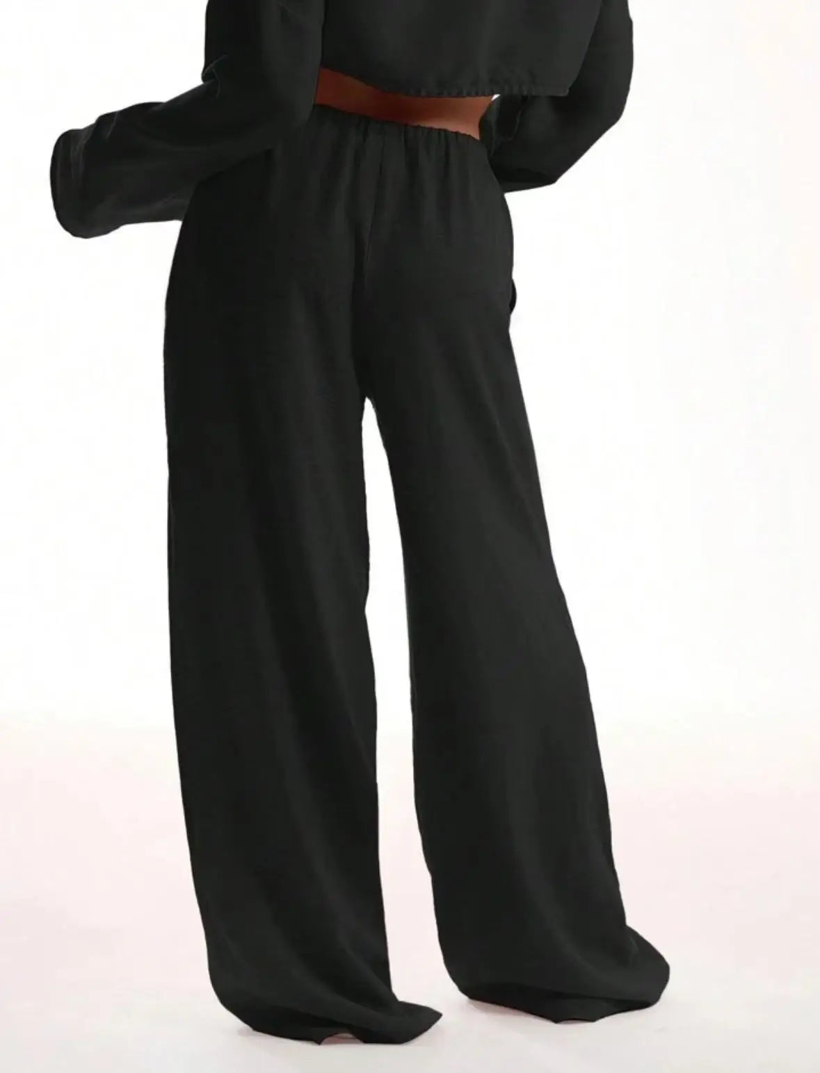 2025 New Spring Summer Wide Leg Pants Fashion Women Black Solid Loose Drawstring Baggy Pant Casual Pocket High Waist Trousers
