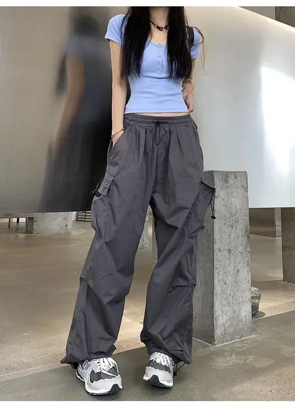 2025 Women Casual Joggers Tech Pants Solid Low Waist Pants Drawstring Wide Leg Baggy Trousers Y2k Streetwear Oversize Sweatpants