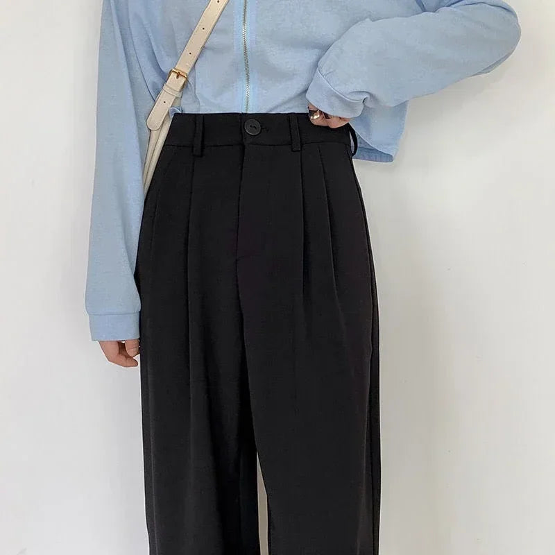 Women Solid High Waist Suit Pants Fall Straight Fashion Trousers Casual Button Loose Office Ladies Korean Female Pant New