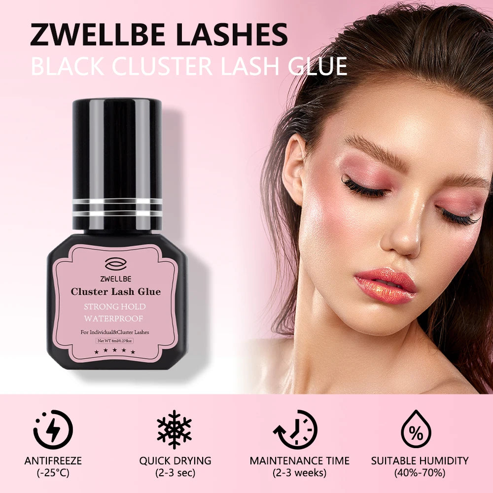 ZWELLBE Lash Clusters Glue 8ml Black Eyelash Glue for DIY Lash Extensions Long-Lasting Waterproof&No Irritation Makeup Tool