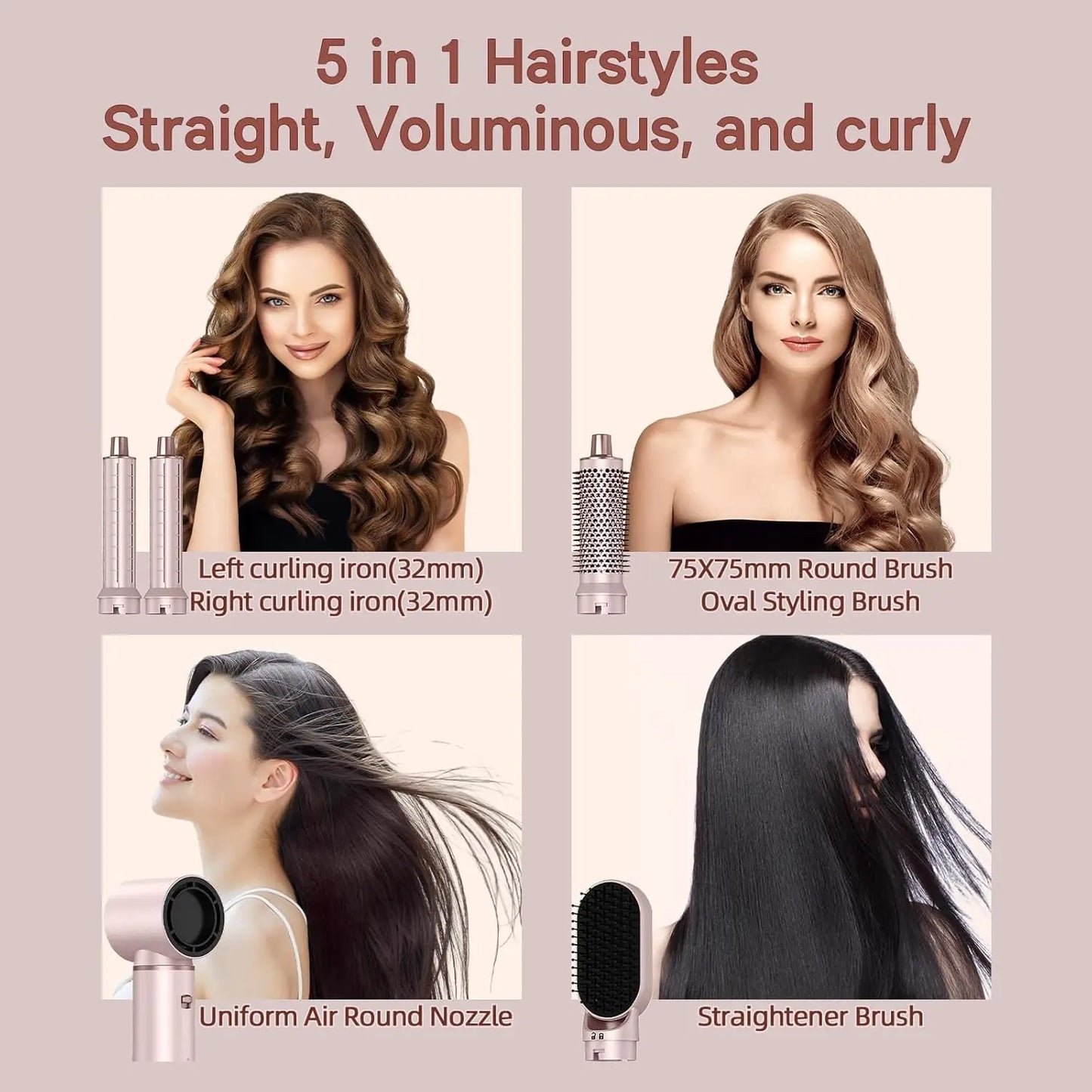 Hair Dryer 5-In-1 Electric Hair Comb Negative Ion Straight Curler Brush Blow Dryer Air Comb Hair Styling Tools Complete Set
