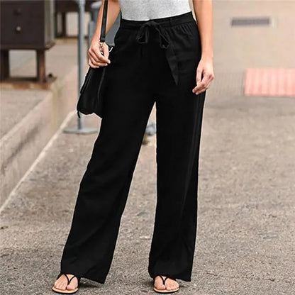 Women Solid Long Pants Women Casual Loose Cotton Linen Lace Up Elastic Waist Wide Leg Trousers Ladies Streetwear Straight Pants
