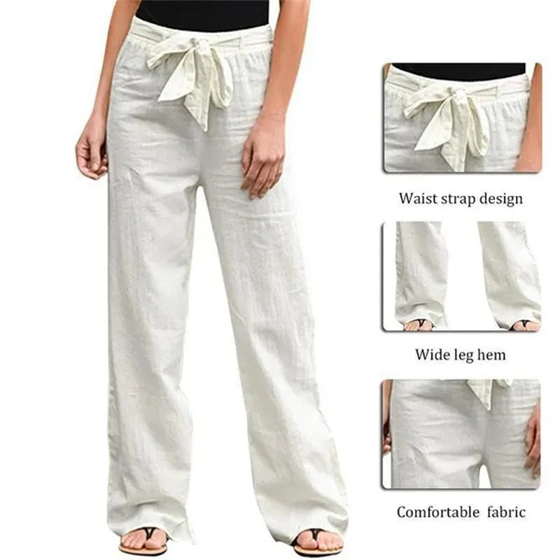 Women Solid Long Pants Women Casual Loose Cotton Linen Lace Up Elastic Waist Wide Leg Trousers Ladies Streetwear Straight Pants