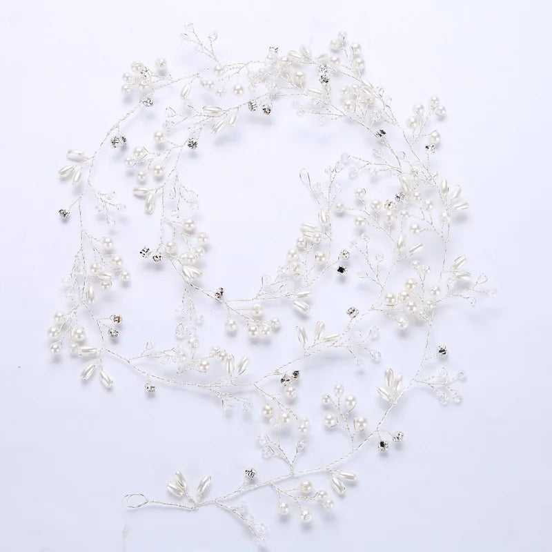 35/50cm Long Bridal Handmade Crystal Pearl Hair Band Headdress Wedding Hair Accessories Beads Headband Jewelry Fashion Headdress