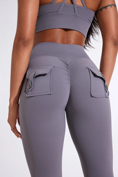 DIAS FIT JOY Women's pocket bell bottoms yoga high waisted hip lifting fitness pants quick drying running exercise fitness gym