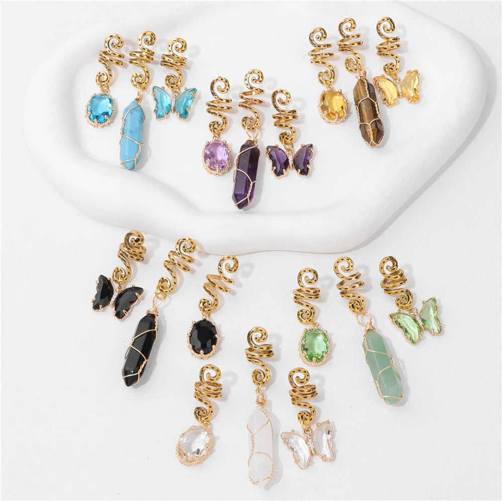 Green Crystal Aventurines Butterfly Hexagonal Prism Round Shape Hair Clip 3pcs/Set Headwear Women Healing Reiki Hair Accessories