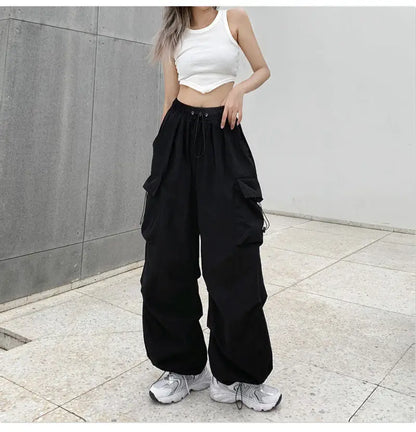 2025 Women Casual Joggers Tech Pants Solid Low Waist Pants Drawstring Wide Leg Baggy Trousers Y2k Streetwear Oversize Sweatpants