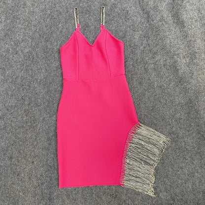2023 Autumn Sexy V-Neck Tank Side Slit Fringed Diamond Slims Your Smooth Silhouette Drawstring Dress Name Concentrates Gown